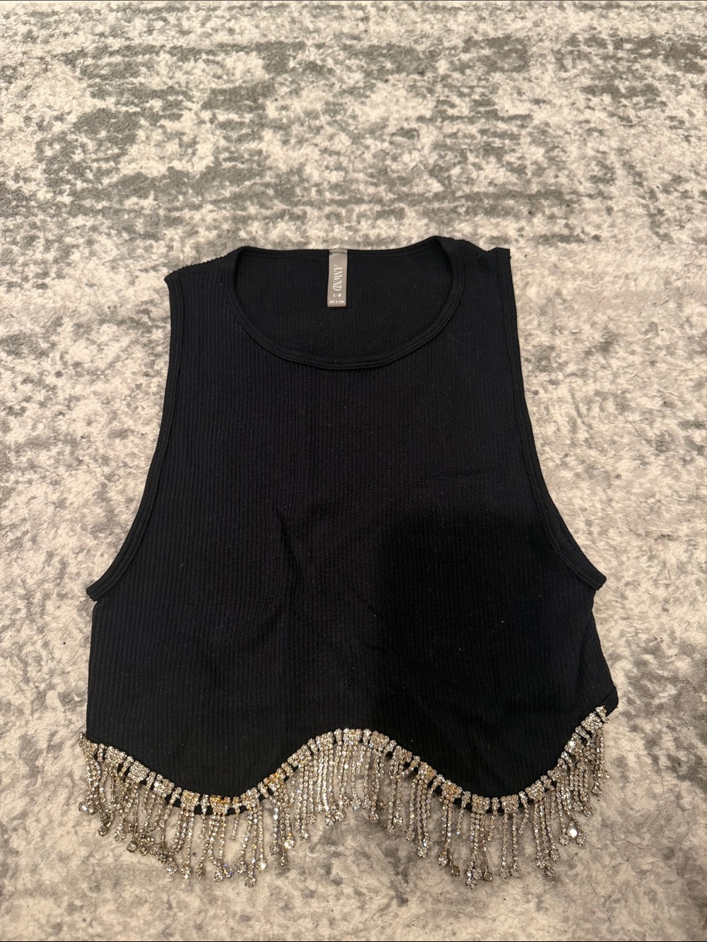 A.L.C. Black Ribbed Crop Tank with Silver Beaded Fringe